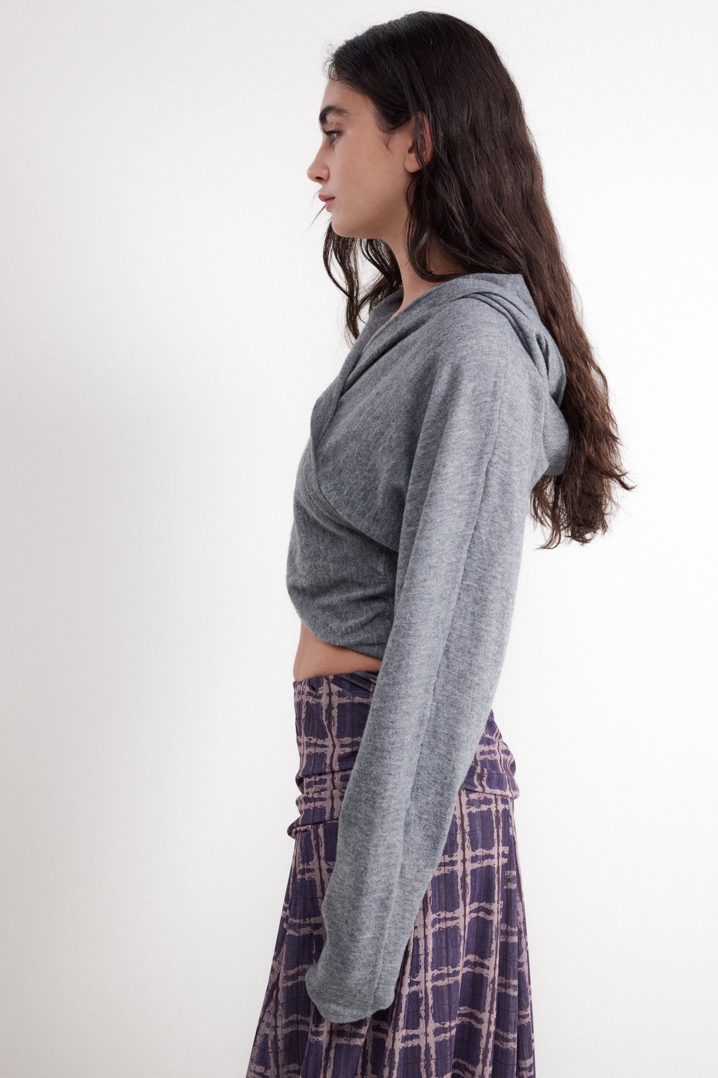 Crossover style hooded sweater