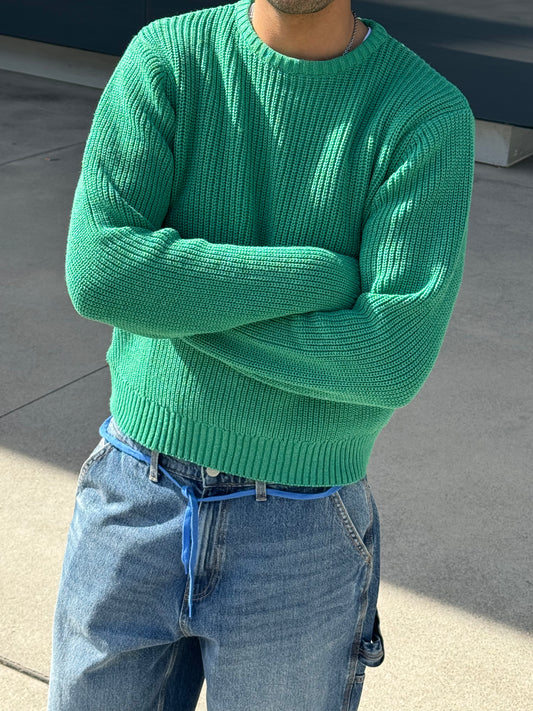 Striped Crew Neck Sweater - Green Tea