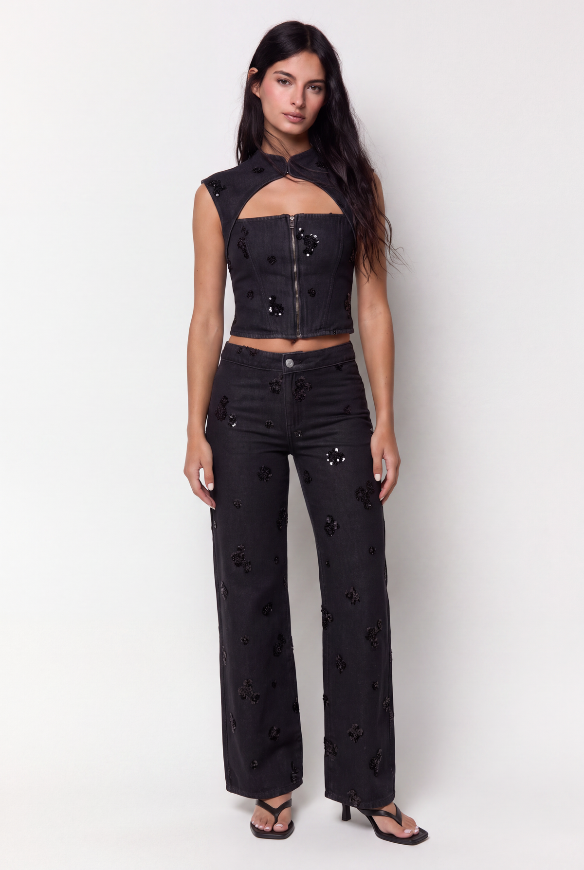 Jeans wide leg abalorios