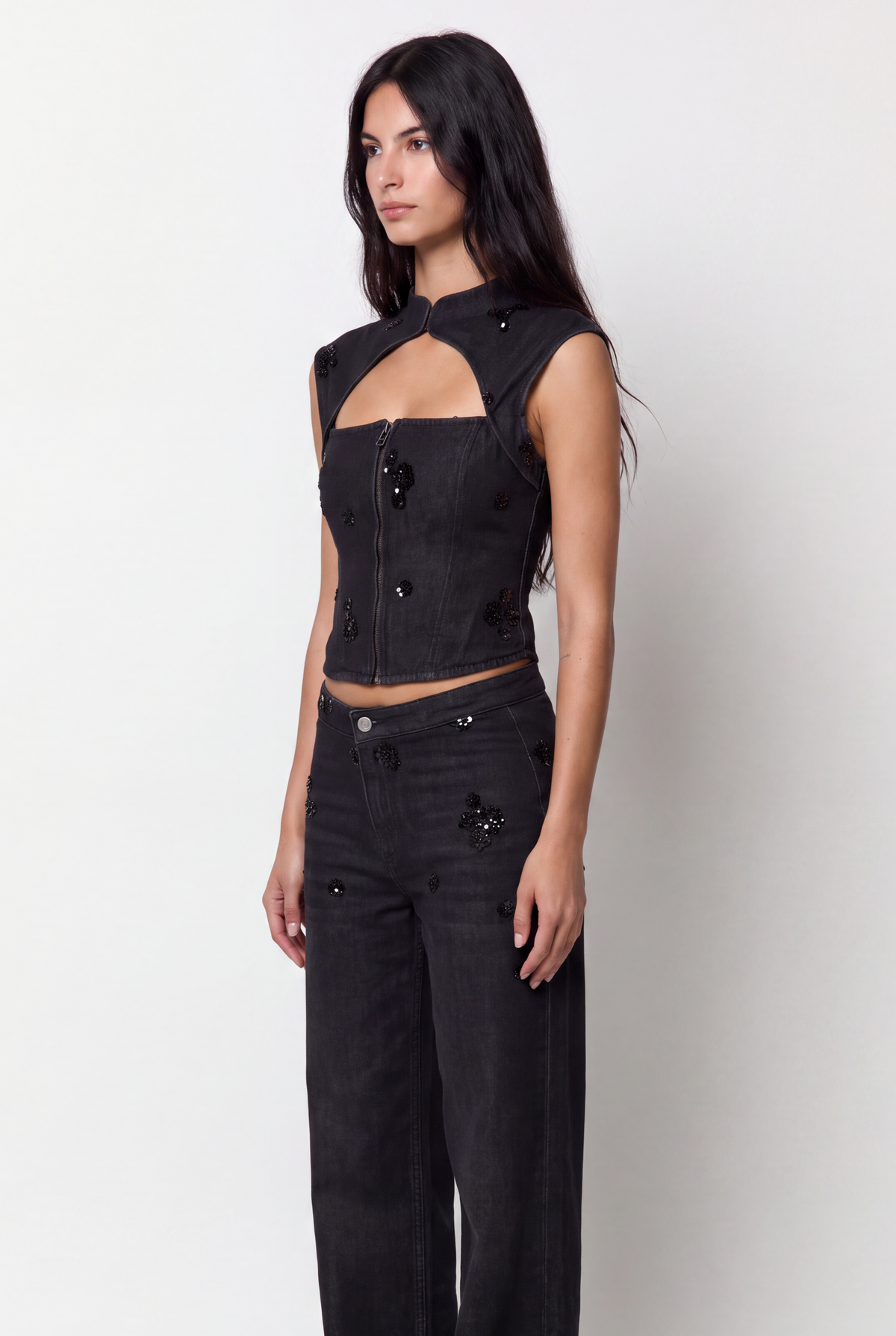 Jeans wide leg abalorios