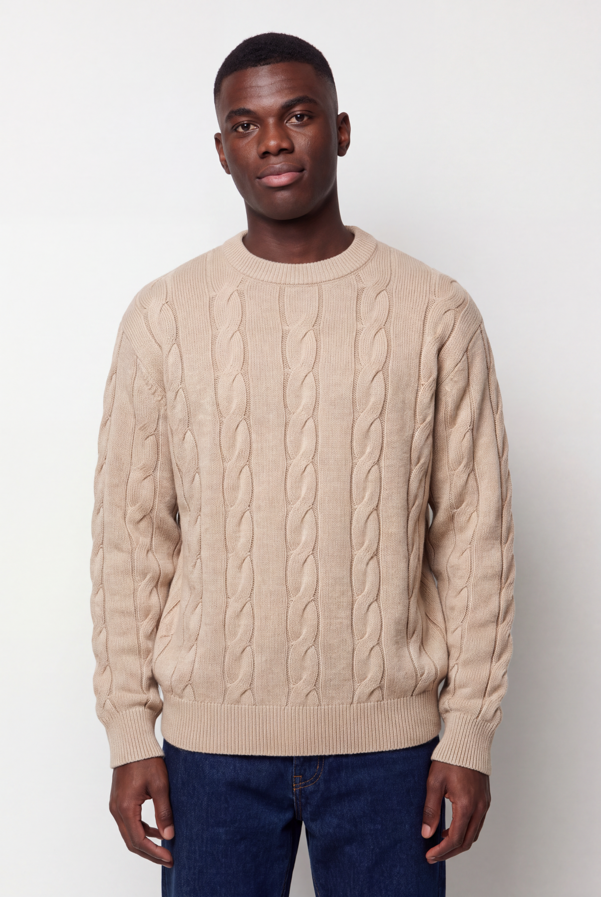 Cable Knit Crew Neck Sweater - Travertine