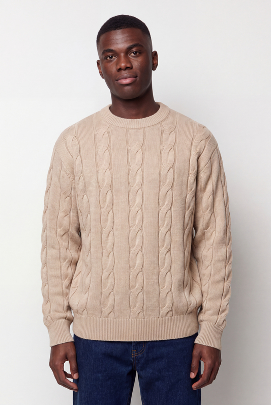 Cable Knit Crew Neck Sweater - Travertine