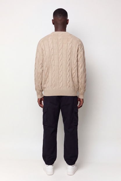 Cable Knit Crew Neck Sweater - Travertine