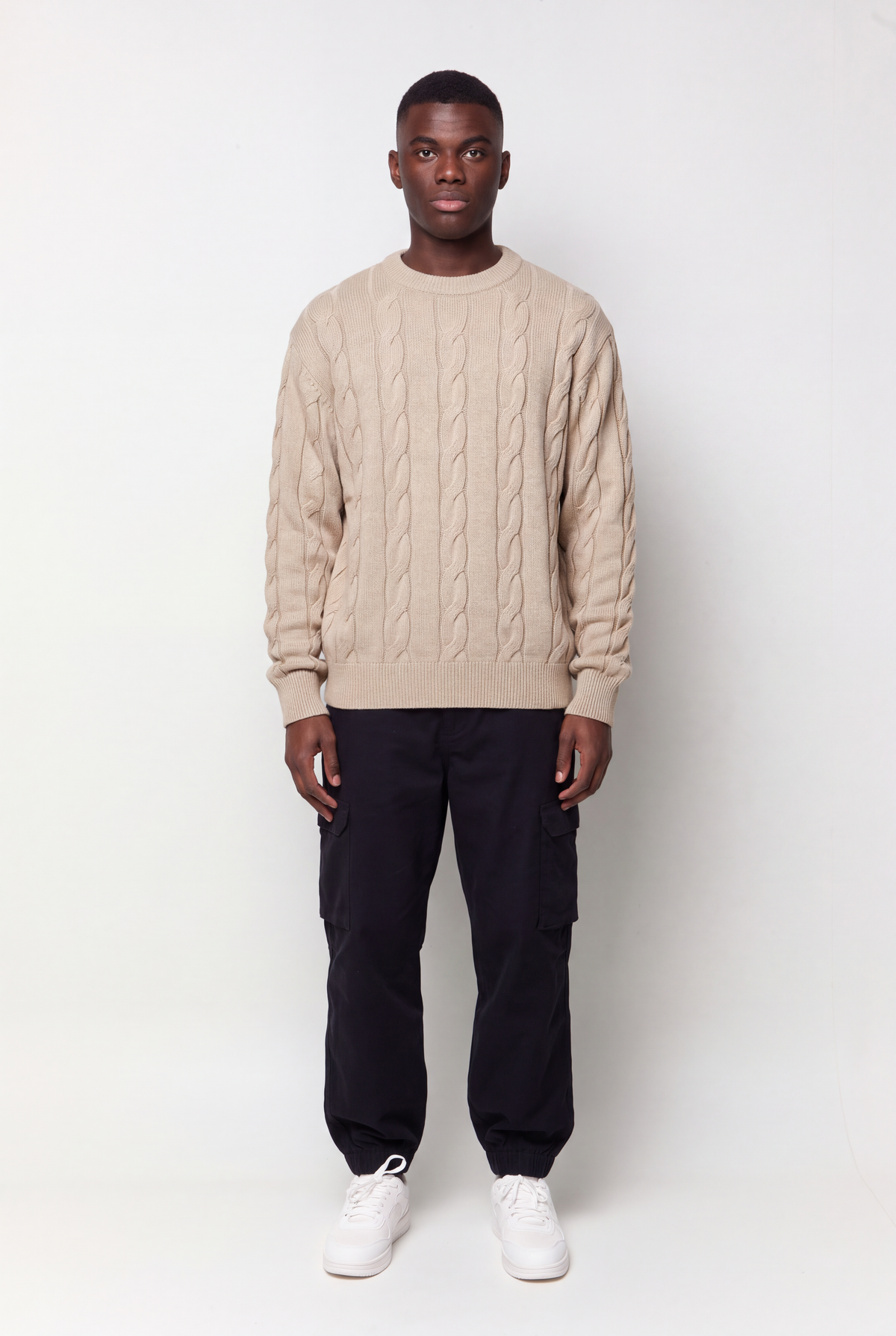 Cable Knit Crew Neck Sweater - Travertine