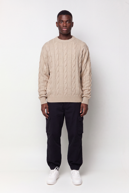 Cable Knit Crew Neck Sweater - Travertine
