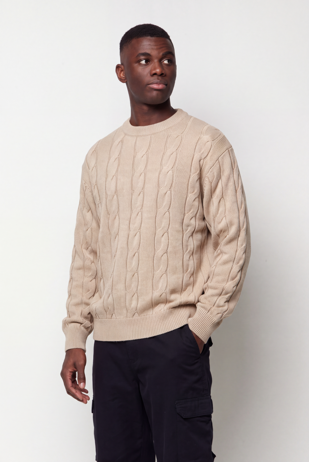 Cable Knit Crew Neck Sweater - Travertine