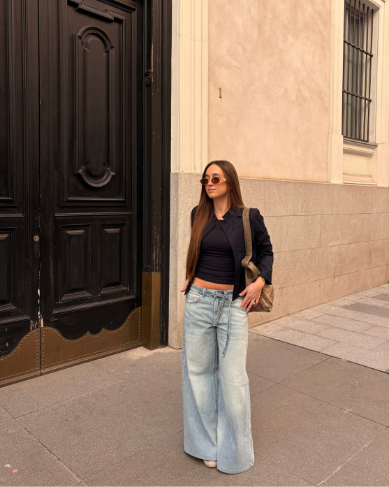 Wide leg drawstring jeans