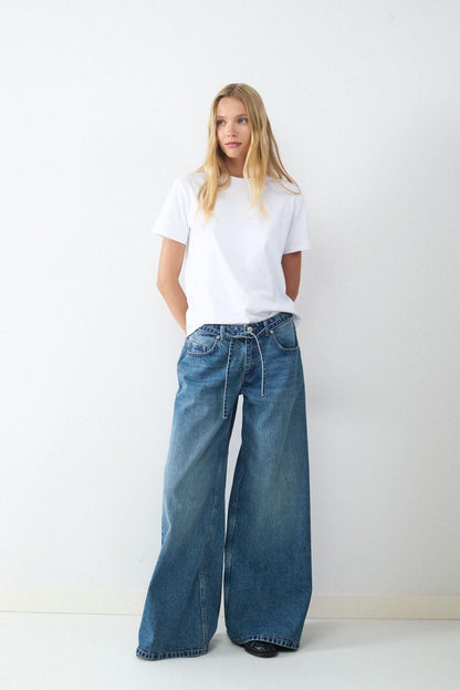 Wide leg drawstring jeans