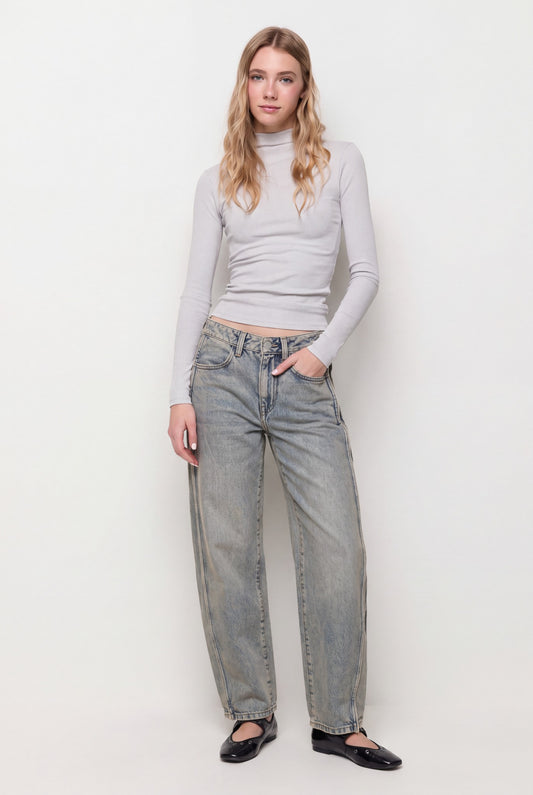 BALLOON LOOSE BARREL SIDE PLEATS - Light Blue Denim