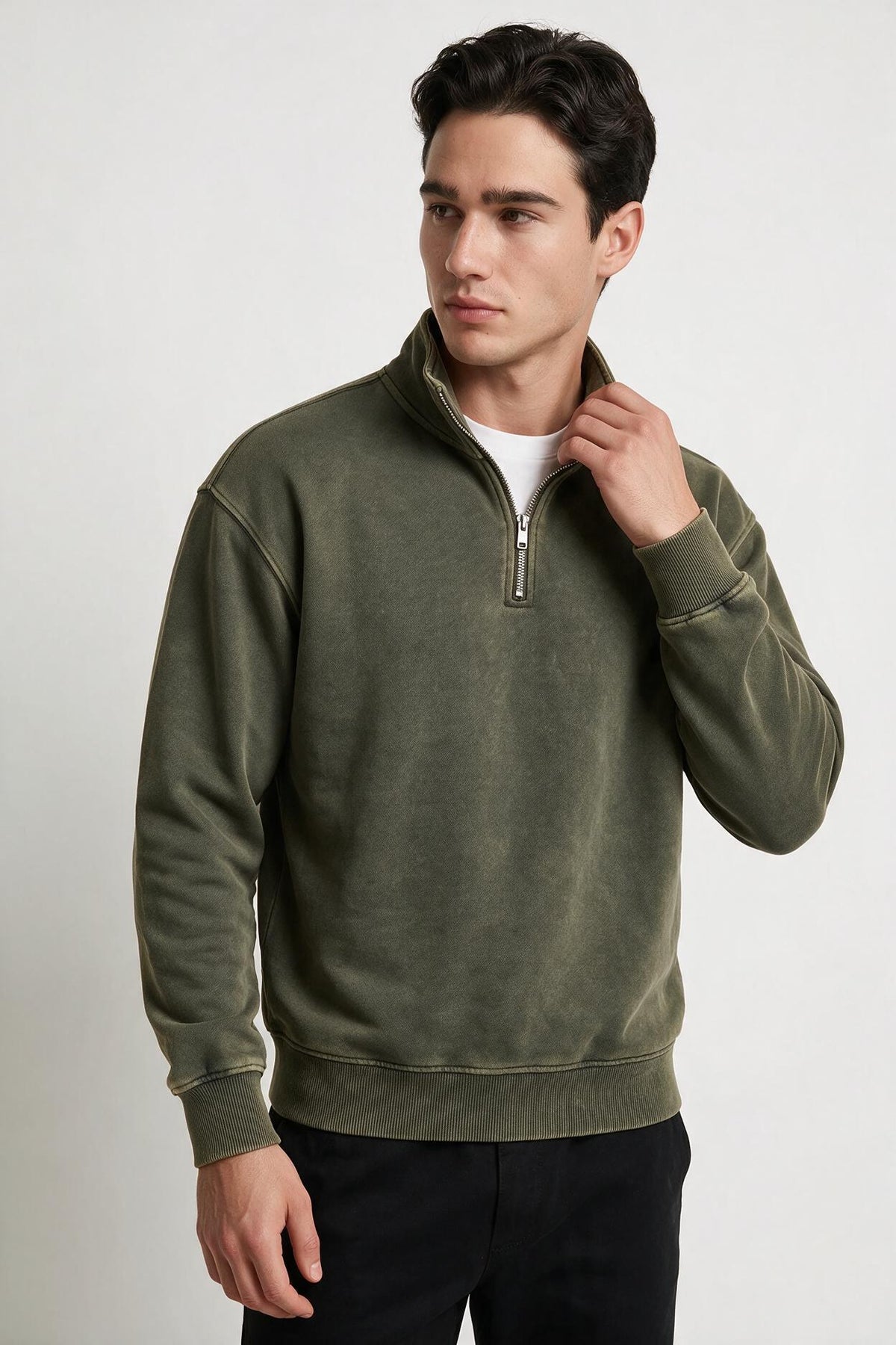 Washed Sweatshirt Zip Neck - Magnet
