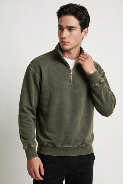 Washed Sweatshirt Zip Neck - Magnet
