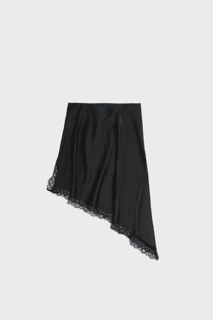 Falda midi asimétrica satinada encaje